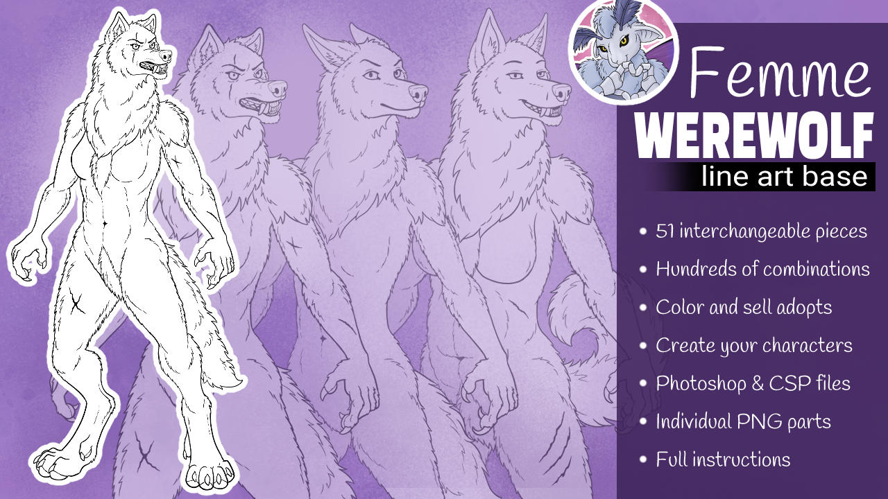 A teaser for a feminine werewolf line art base with several variations of drawings of a female werewolf and the text "51 interchangeable pieces, hundreds of combinations, color and sell adopts, create your characters, Photoshop & CSP files, individual PNG parts, full instructions"