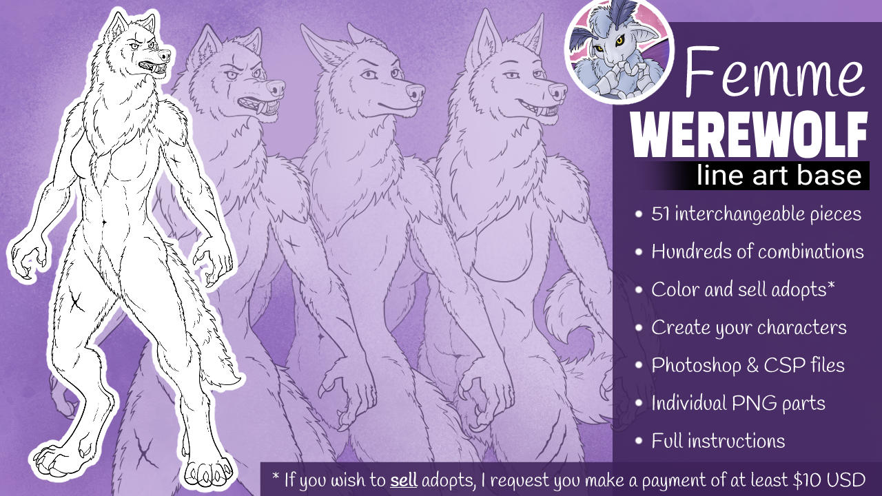 A teaser for a feminine werewolf line art base with several variations of drawings of a female werewolf and the text: 51 interchangeable pieces, hundreds of combinations, color and sell adopts*, create your characters, Photoshop & CSP files, individual PNG parts, full instructions *If you wish to sell adopts, I request you make a payment of at least $10 USD