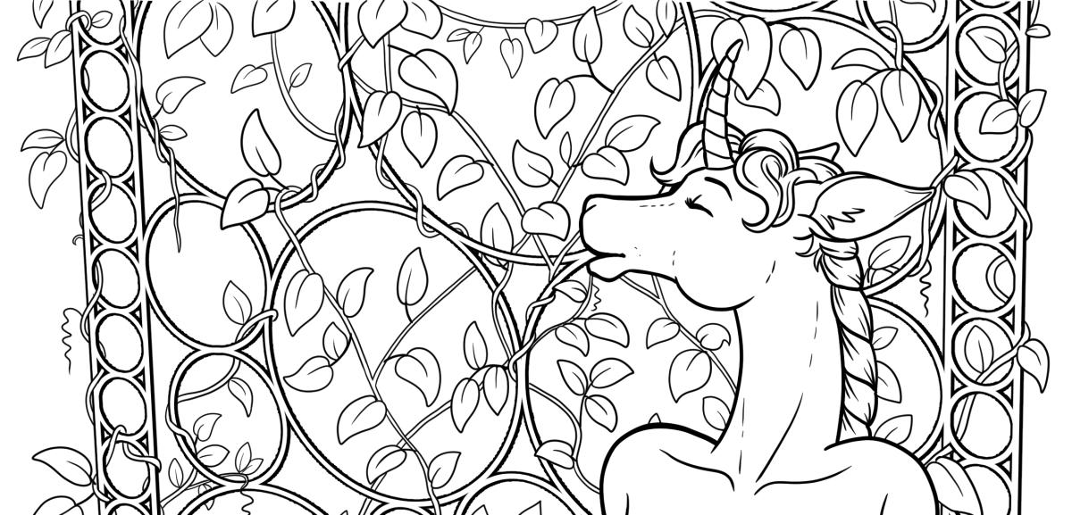Line art drawing of Abigail, a female anthro unicorn, leaning back against a vine-covered garden trellis with her eyes closed and a small smile.
